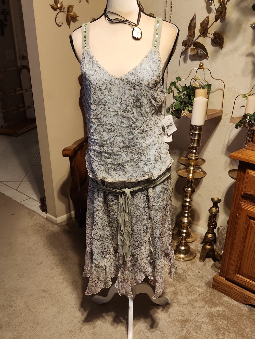 jonathan martin Pale Blue Silk Petite Dress with Lace Trim